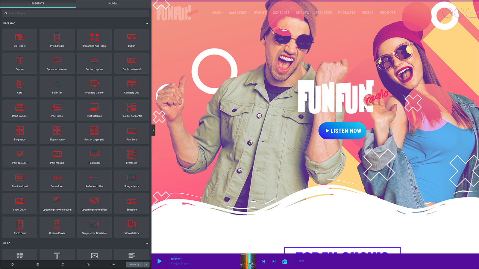 radio wordpress template elementor widgets schedule player