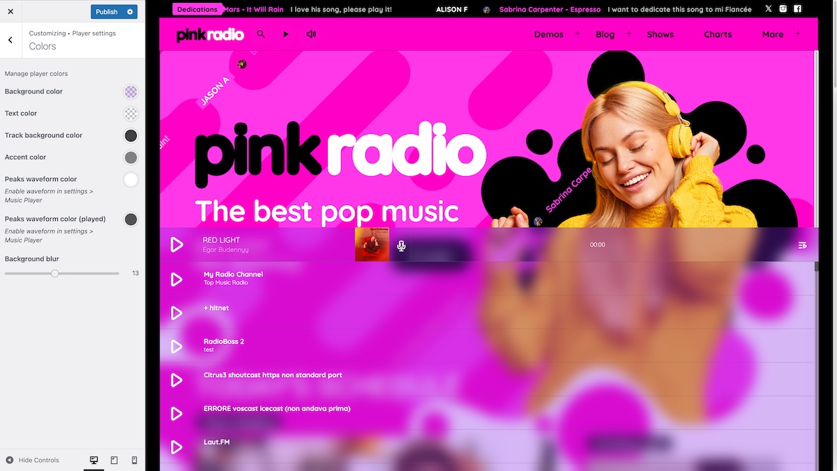 radio player wordpress plugin - blur effect