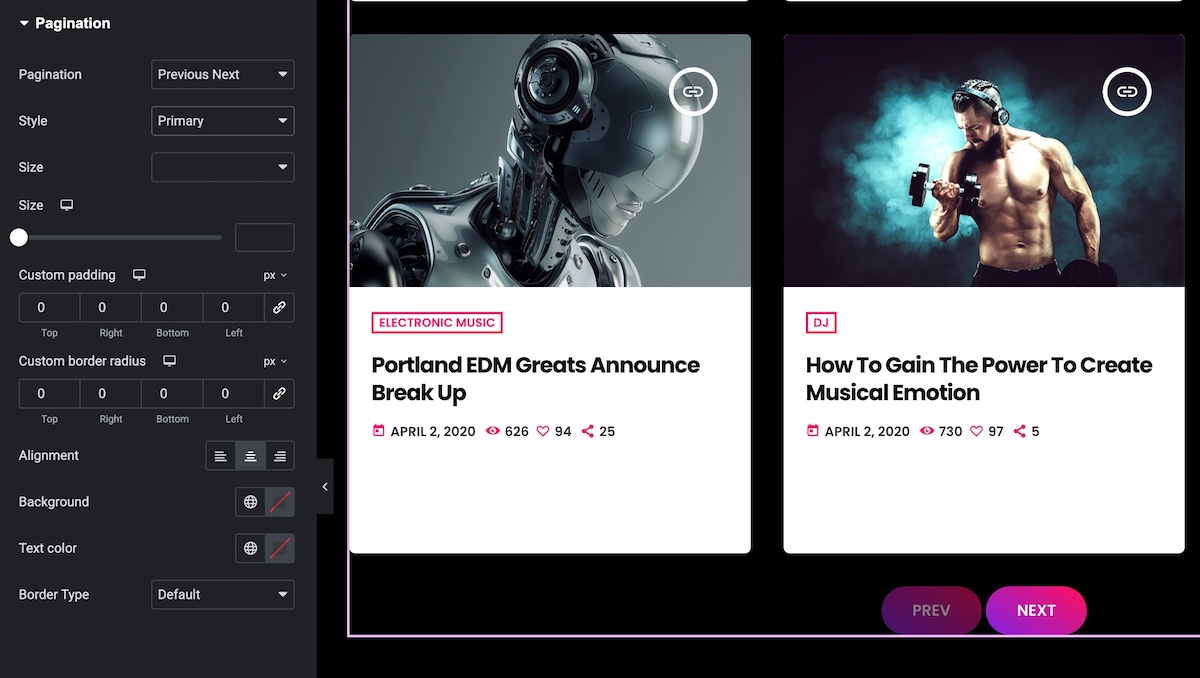 new pagination options elementor widgets radio wordpress theme