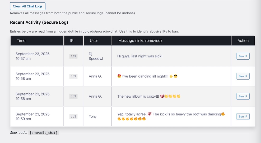 IP Ban Free chat plugin for radio station website