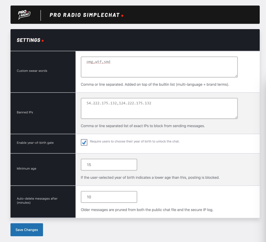 Options for chat plugin