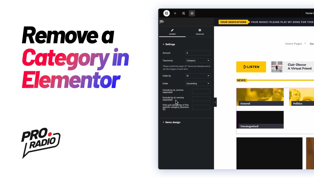 How to Hide an Unwanted Category in the Category Grid Widget for Elementor [Pro Radio WordPress Theme Tutorial]