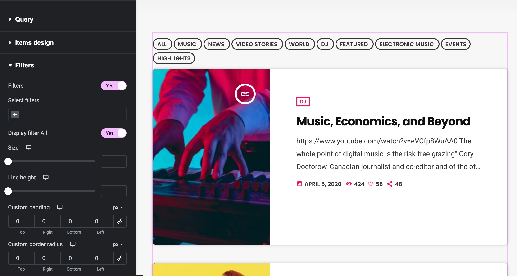 wordpress elementor filters widget